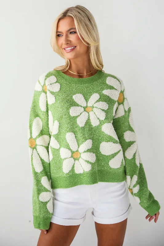 Brilliant Arrival Green Daisy Sweater Denim Fabric Leather Fabric Suede Fabric
