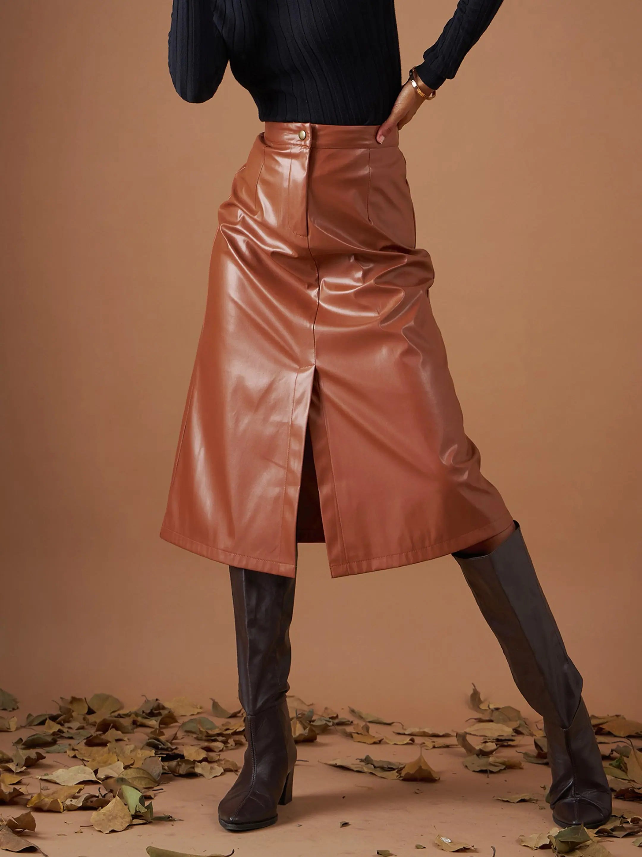 Women Brown Pu A-Line Below Knee Skirt lace skirt intricate