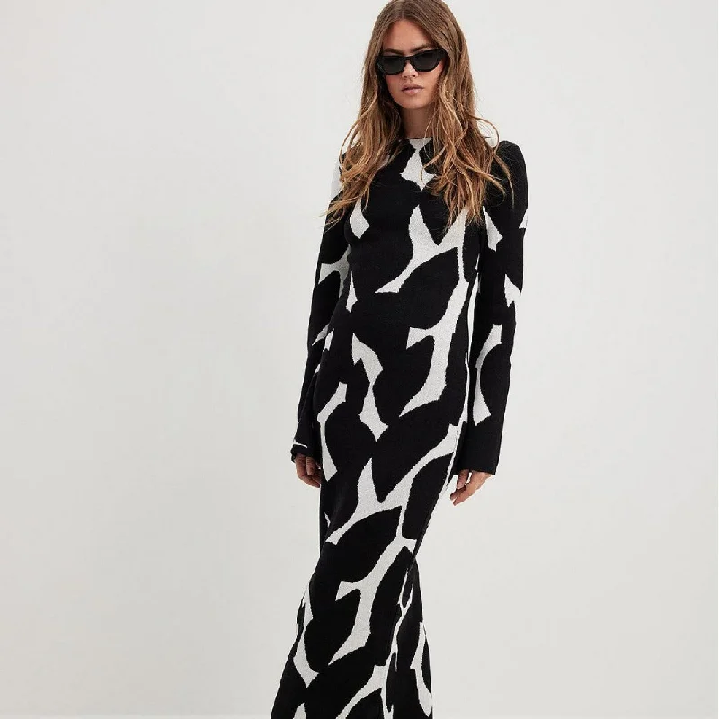 Vireous Black & White Organic Print Long Sleeve Women's Long Dress