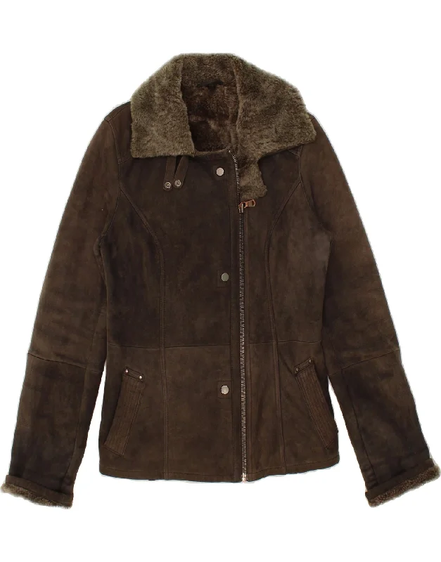 VINTAGE Womens Shearling Jacket UK 14 Medium Brown Leather Boat Neck Shawl Collar Notched Collar