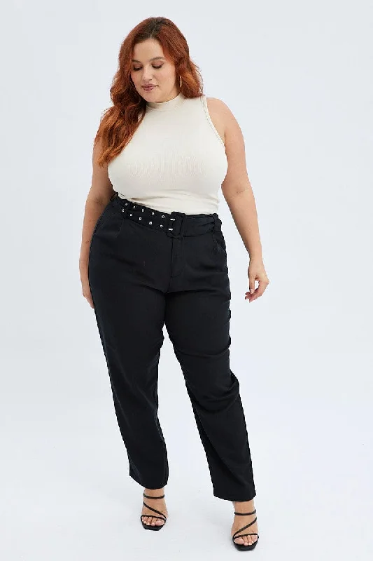 Black Pants Smart Slim Leg Double Buckle High-Waist Yoga Pants