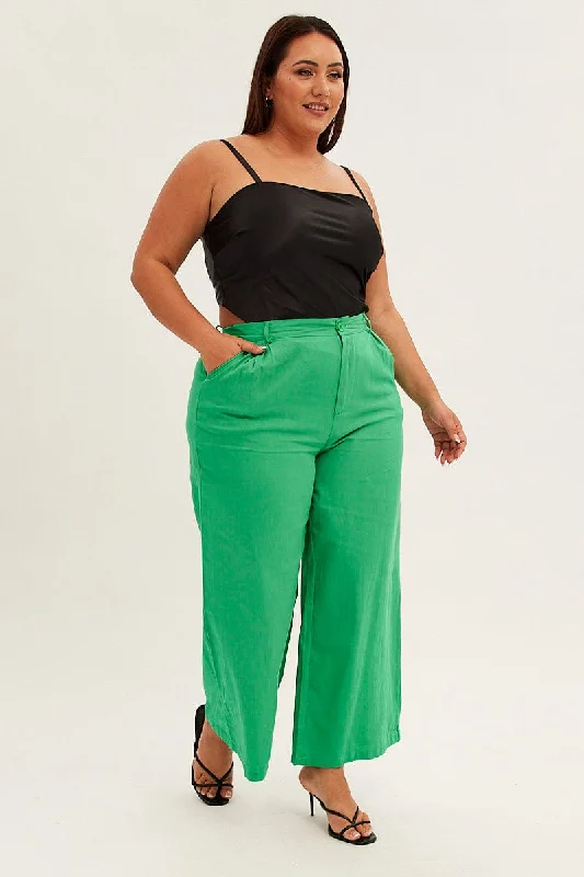 Green Wide Leg Pant High Waist Cotton Stylish Casual Pants