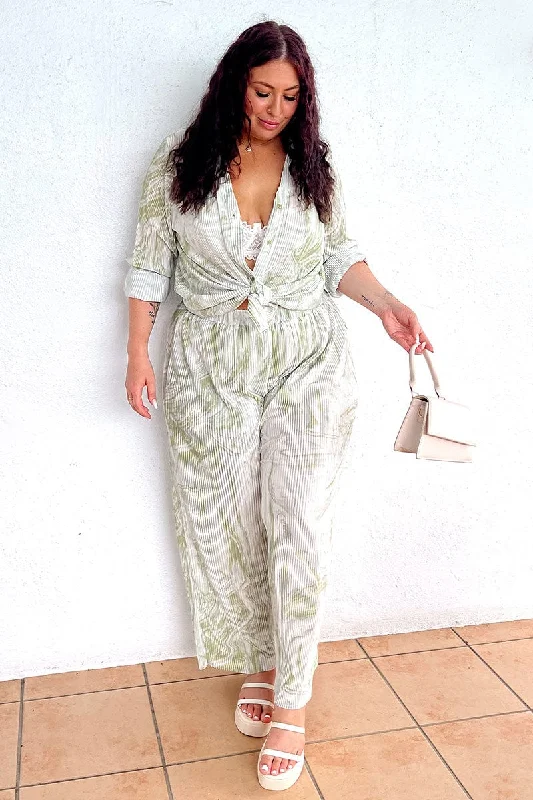 Green Print Plisse Pants Wide Leg High Rise Fashionable Tapered Leg Pants