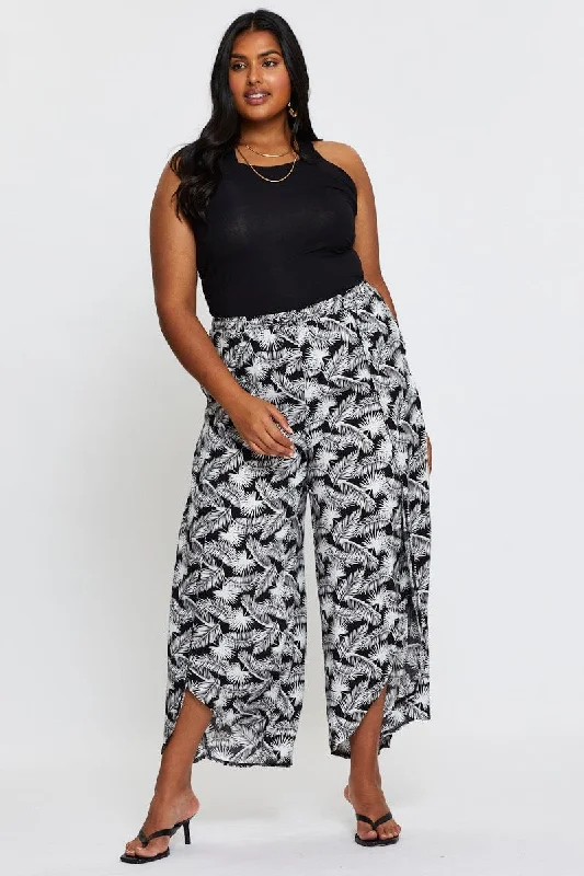 Trop Print Wide Leg Pants High Rise Leaf Front Split Formal Wide-Leg Pants
