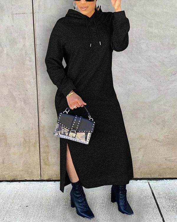 LONG SLEEVE SPLIT HEM HOODED SWEATSHIRT DRESS Hoodie with Illustration Artistic Creative LONG SLEEVE SPLIT HEM HOODED SWEATSHIRT DRESS Hoodie with Illustration Artistic Creative