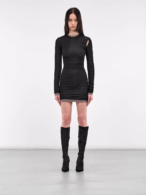 Overlay Peephole Rib Dress (24043287-BLACK-SHADOW-GREY)