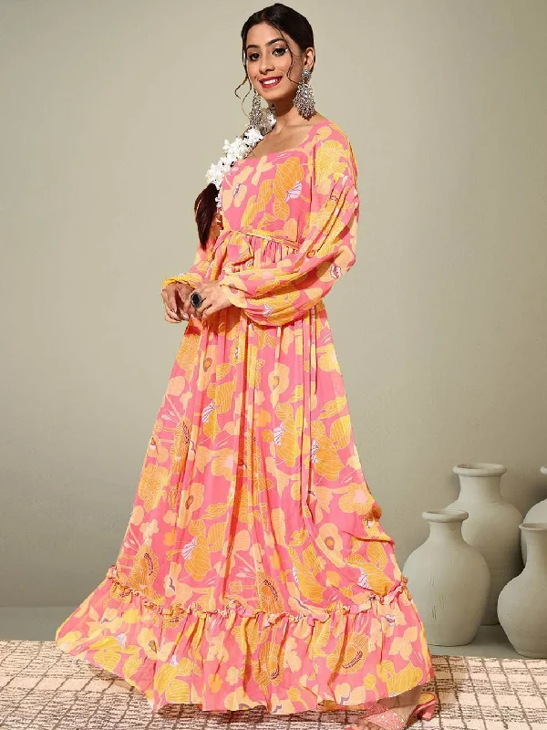 Inddus Floral Printed A-Line Maxi Ethnic Dresses