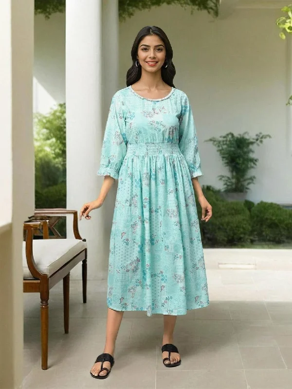 AURELIA Floral Printed Pure Cotton Fit & Flare Midi Ethnic Dress