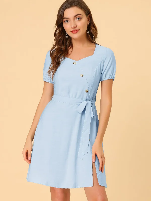 Belted Sweetheart Neck Button Decor Smocked Back Dress Crew Neckline Sporty
