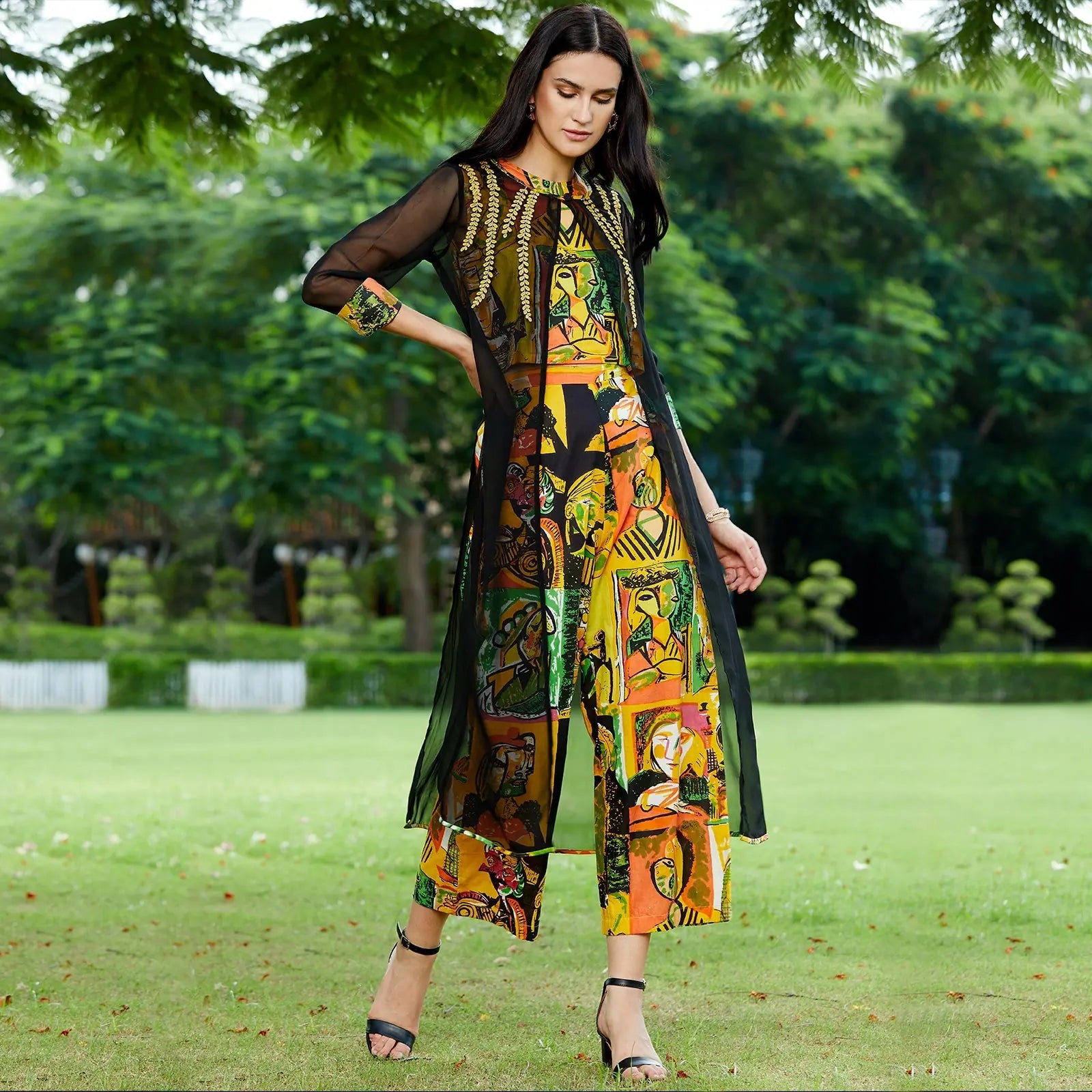 Embroidered Jacket With Printed Top And Pants-PKC10077-S Welt Pockets Slit Pockets Flap Pockets