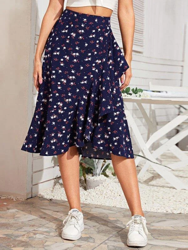 Ditsy Floral Asymmetric Ruffle Hem Skirt chiffon skirt lightweight