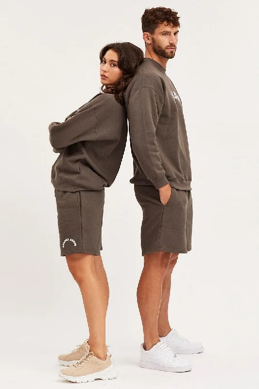 Grey Unisex Sweatshirts Oversized Crew Neck Hoodie with Half-Zip Sporty Casual