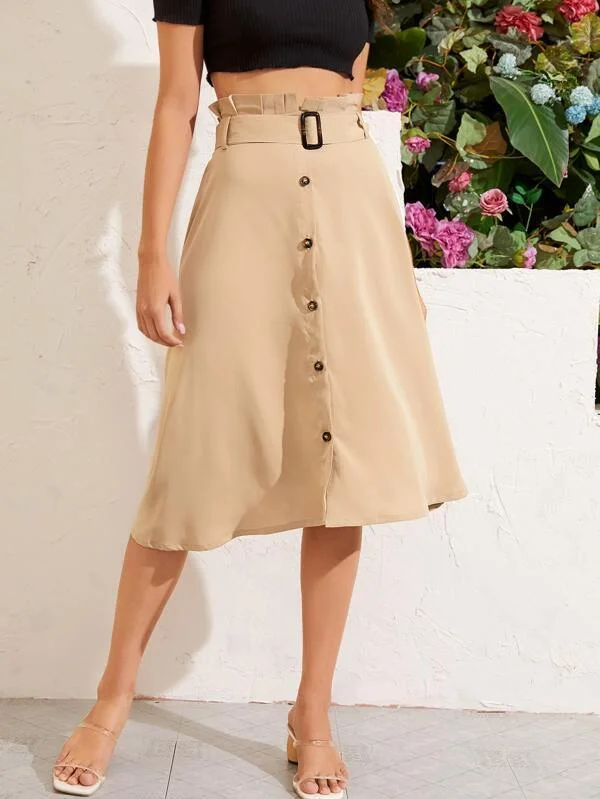 Paperbag Waist Button Up Belted Skirt lace skirt elegant