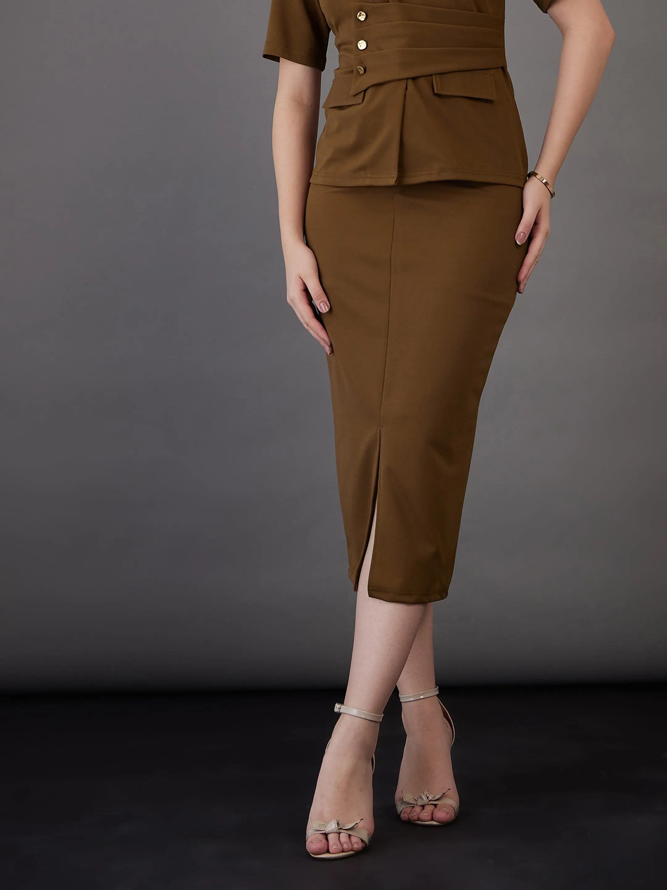 Women Brown Front Slit Midi Skirt low waist skirt