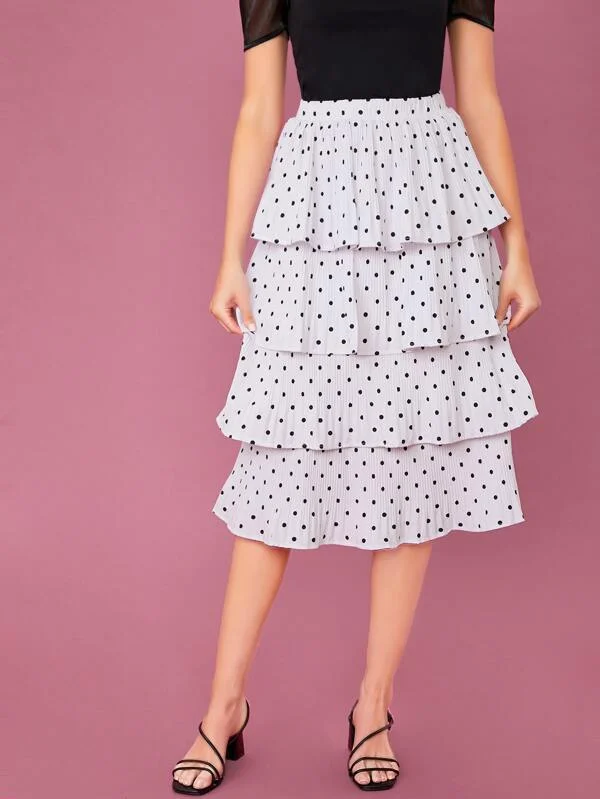Elastic Waist Tiered Ruffle Polka Dot Midi Skirt silk skirt luxurious