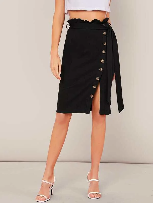 Paperbag Waist Belted Single Breasted Wrap Skirt elastic waist skirt