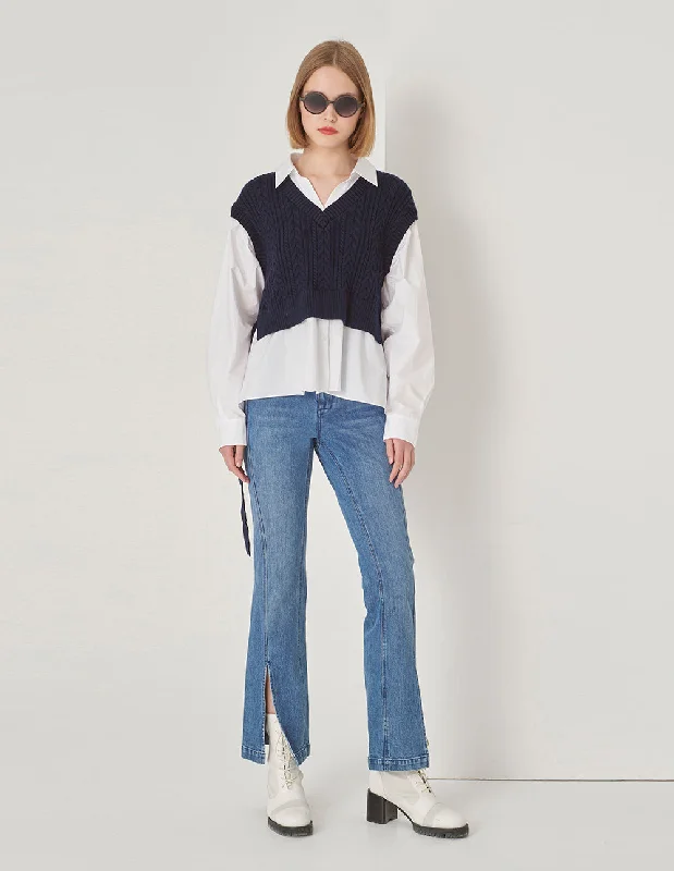 MARYLING Blue And White Contrast Knit Woven Matching Sweatshirt Hoodie with Hem Contrast Bold Stylish MARYLING Blue And White Contrast Knit Woven Matching Sweatshirt Hoodie with Hem Contrast Bold Stylish