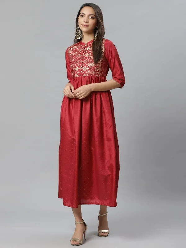 AURELIA Women Maroon & Golden Embellished A-Line Dress
