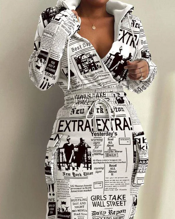 FLAP DETAIL DRAWSTRING WAIST HOODED SWEATSHIRT DRESS Hoodie with Typography Text Message FLAP DETAIL DRAWSTRING WAIST HOODED SWEATSHIRT DRESS Hoodie with Typography Text Message