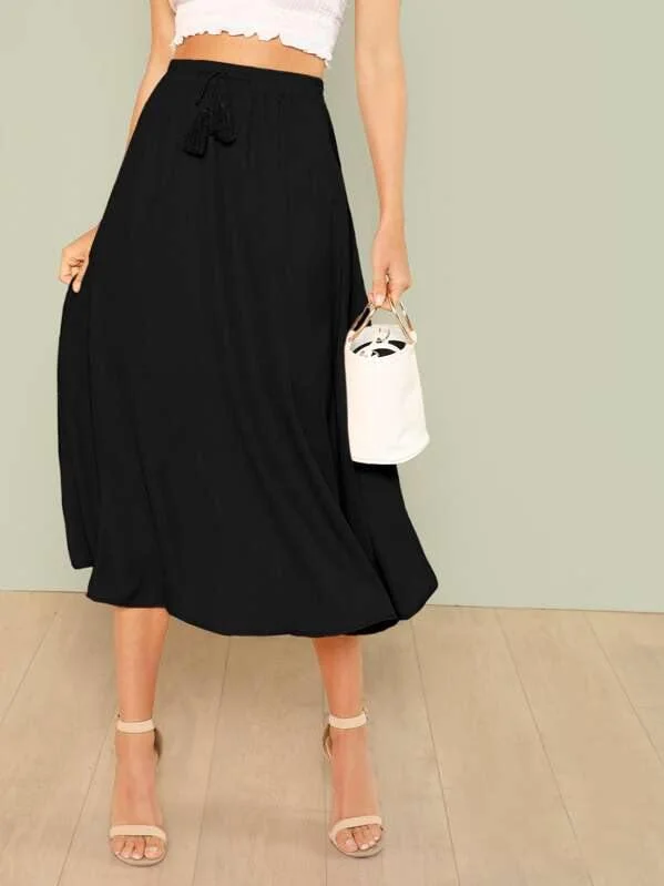 Tassel Drawstring Waist Solid Skirt corduroy skirt cozy