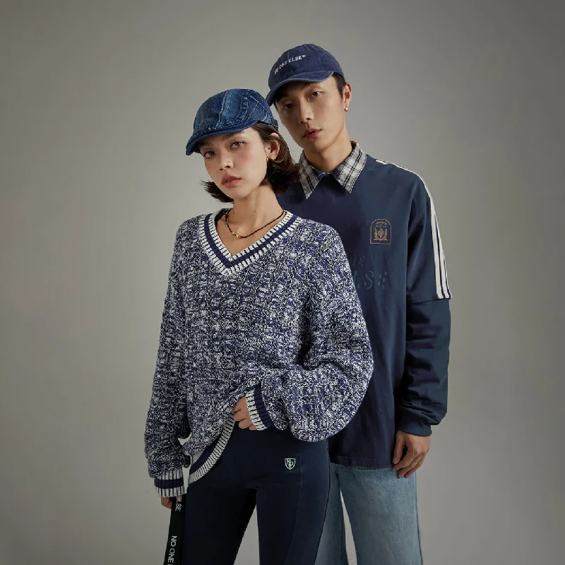 V-Neck Loose Knit Sweater Denim Fabric Leather Fabric Suede Fabric