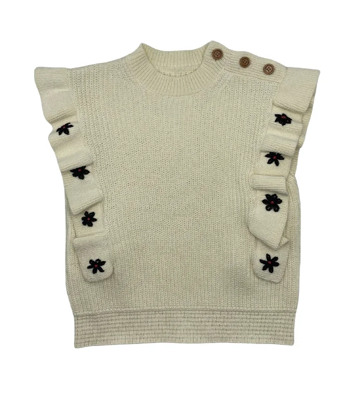 Best Frendz Girls Lone Flower Sweater Ivory Ribbed Striped Patterned