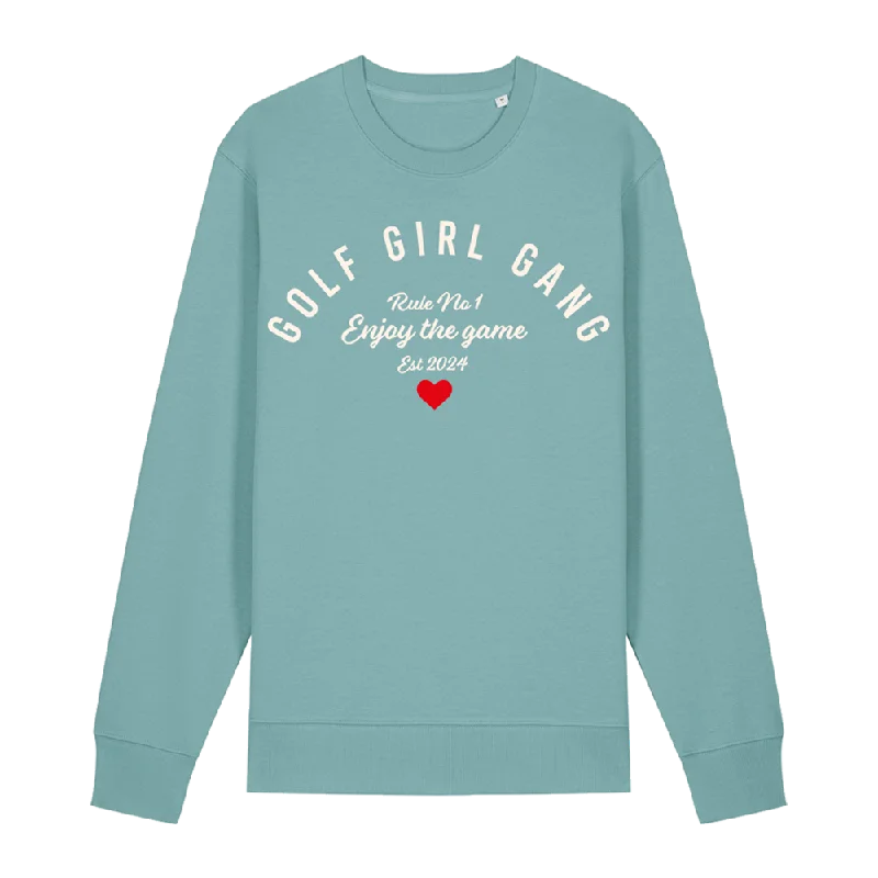 Bunker Woman Girl Gang Crest Sweatshirt Teal Hoodie with Side Slits Relaxed Casual