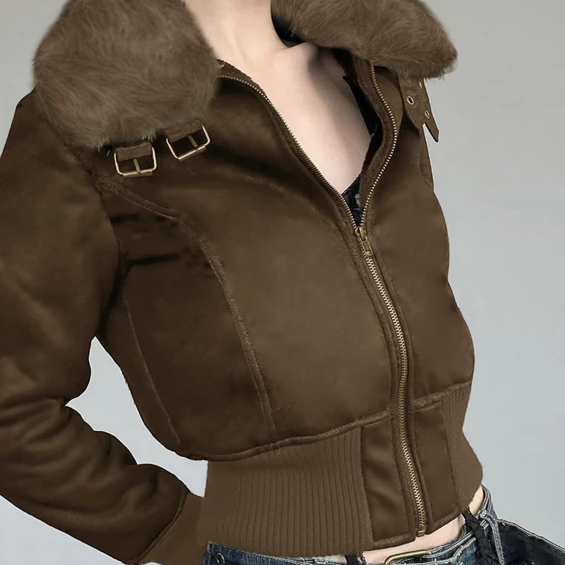 TAVIMART  -  Women Retro Fur Collar Faux Suede Zipper Jacket Fashion Y2K Slim Winter Plush Coat Streetwear Korean Aesthetic Outfit Cotton Fabric Linen Fabric Terry Fabric