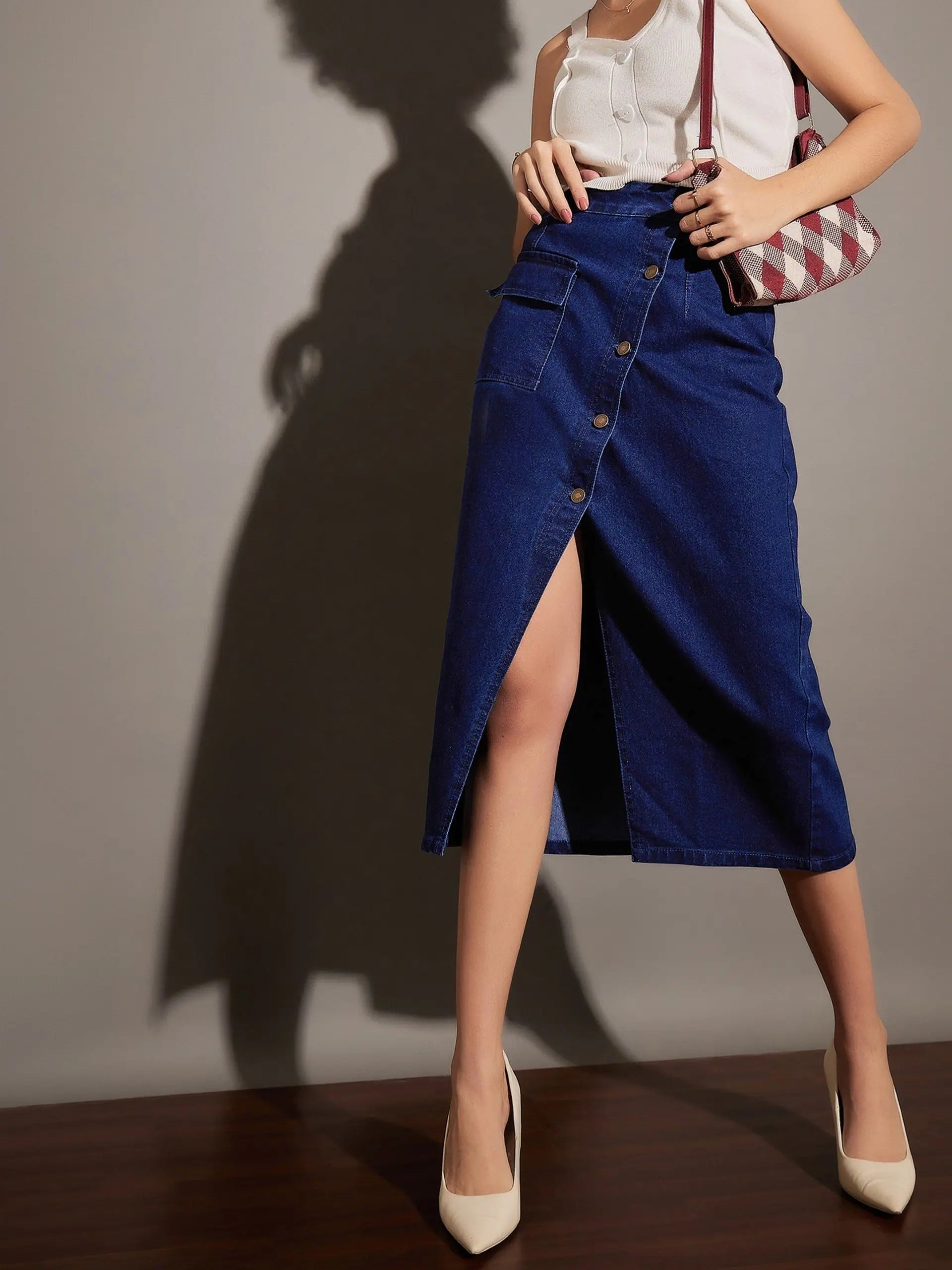 Women Classic Blue Front Button Wrap Skirt silk skirt lustrous
