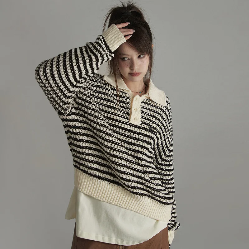 Vintage Loose Fit Stripe Knit Sweater Hooded Sweater Collared Sweater Shawl Collar
