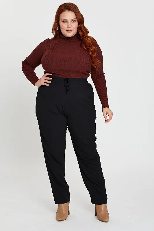 Black Track Pants High Rise Polyester Elastic Waist Stretch Fit Pants