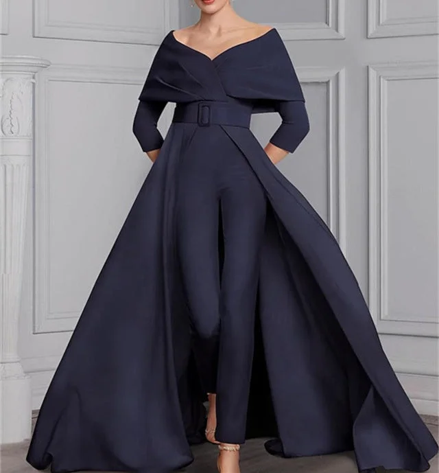 Scoop Long Sleeves Mother of the Bride Pantsuits with Belt Casual Yoga Pants