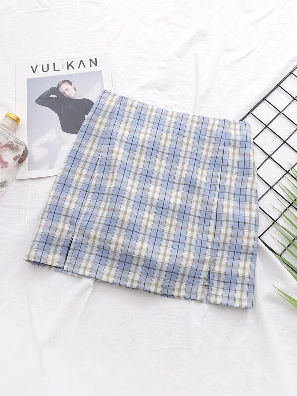 Tartan Slit Hem Mini Skirt slim fit skirt