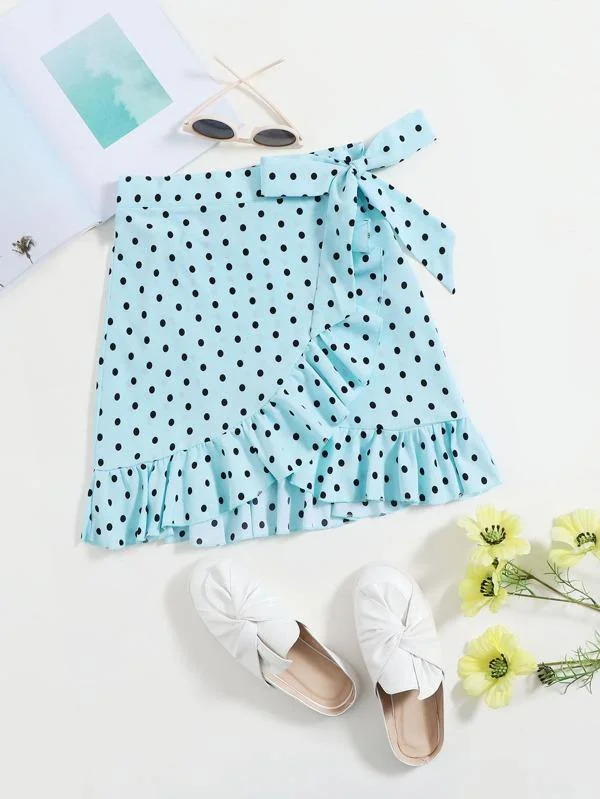 Ruffle Trim Knot Side Wrap Polka Dot Skirt athletic skirt fit