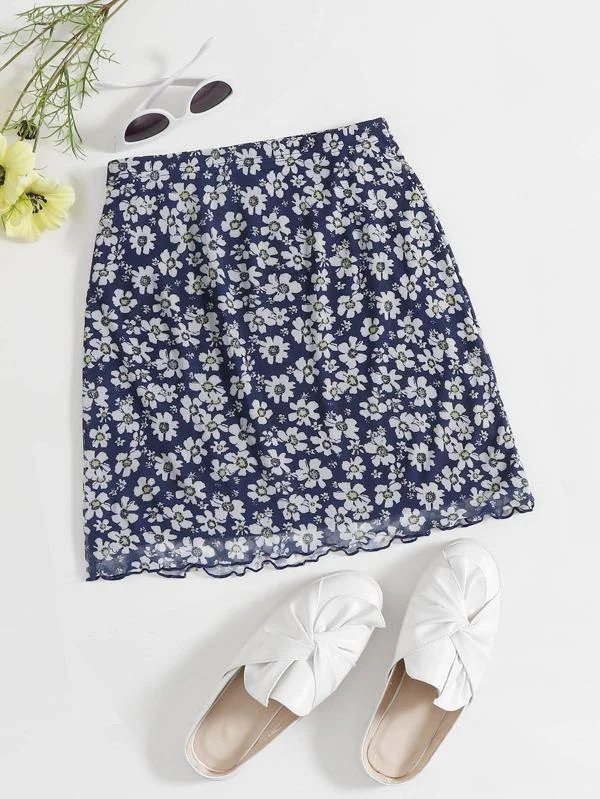 Lettuce Trim Daisy Floral Mesh Skirt high slit skirt