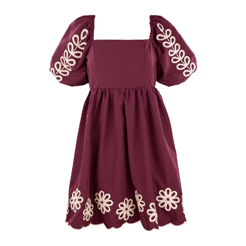 Maroon Puff Sleeve Embroidered Square Neck Dress