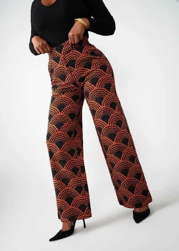 Thema Women's African Print Stretch Wide Leg Pants (Black Amber Dots) Casual Skinny Fit Pants