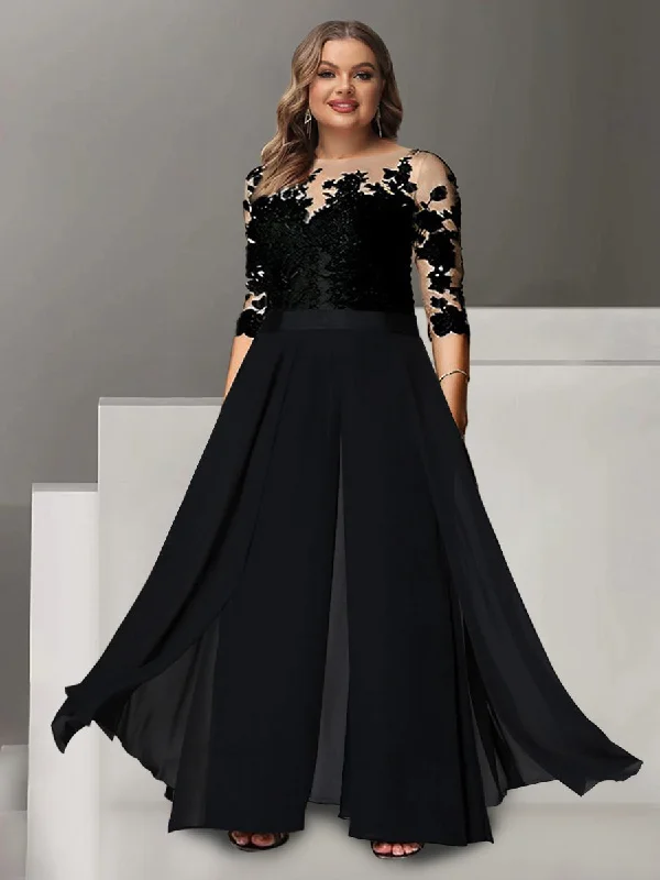 A-Line/Princess Jewel Neck 3/4 Length Sleeves Floor-Length Plus Size Mother of the Bride Pantsuits with Applique Warm Wool Trousers A-Line/Princess Jewel Neck 3/4 Length Sleeves Floor-Length Plus Size Mother of the Bride Pantsuits with Applique Warm Wool Trousers