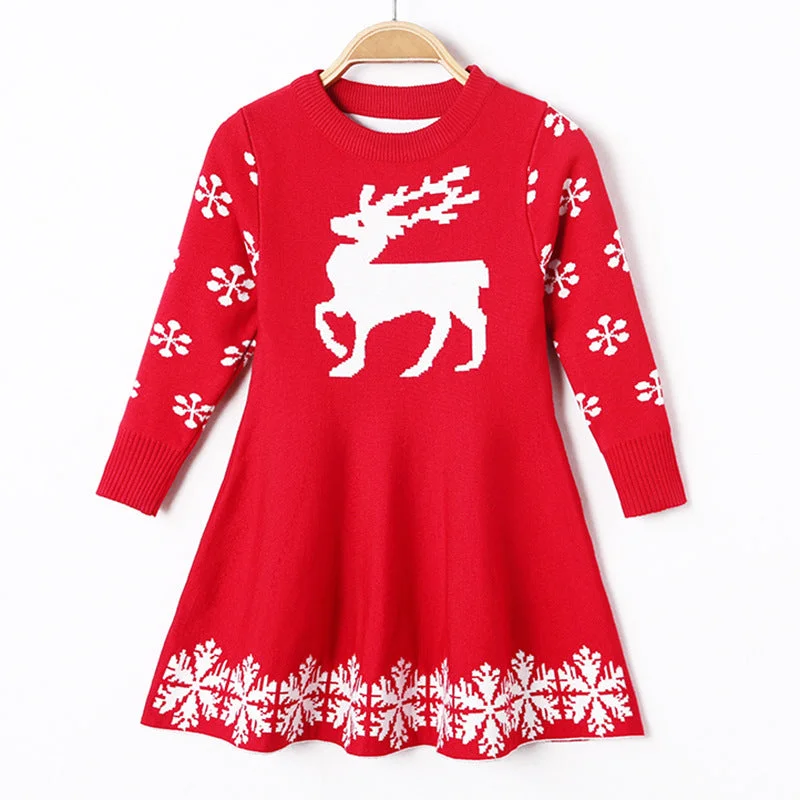 Girls' Sweater Dress Christmas Deer Jacquard Knitted Dress Knit Fabric Woven Fabric Fleece Fabric