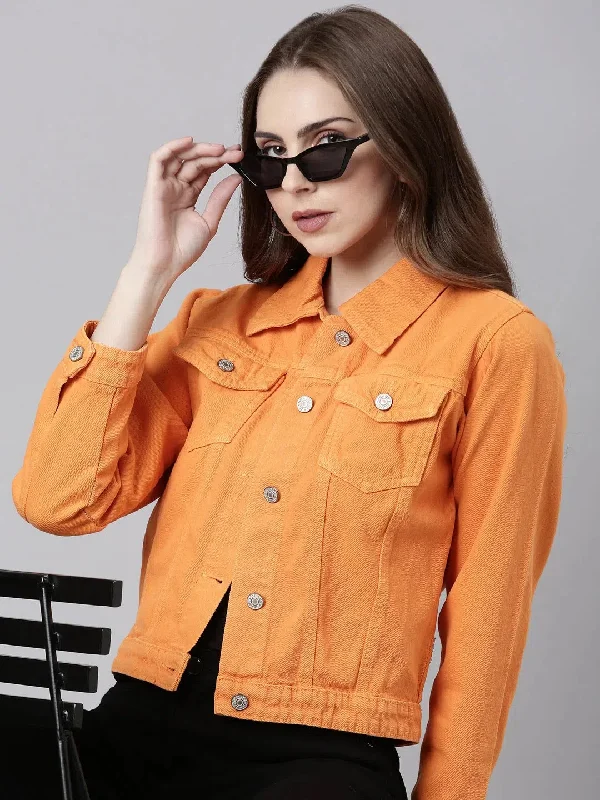 Women Orange Solid Denim Jacket-GZ-5598-Orange Chenille Jacket Brocade Jacket Lace Jacket