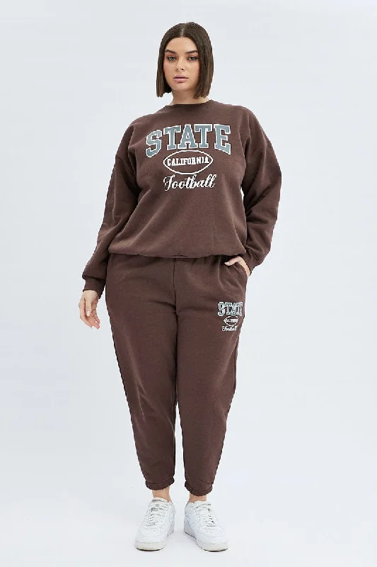 Brown Track Pants High Rise Jogger Trendy High-Waist Trousers