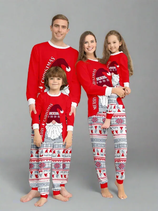 Family Matching Christmas Pajama Set - Festive Santa Gnome Print in Red and Grey with Cozy Nordic Pattern Pants Comfy Zip-Up Pants