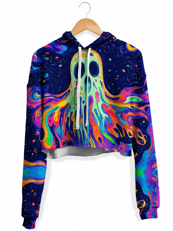 Trippy Hollow Fleece Crop Hoodie Hoodie with Front Slit Layering Stylish