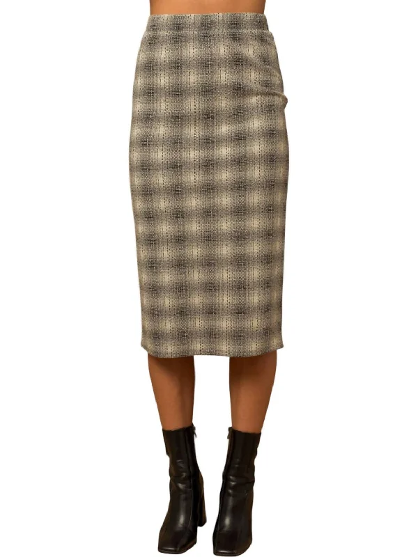 Elastic Waist Back Slit Plaid Midi Skirt In Black/ivory Plaid spandex blend skirt