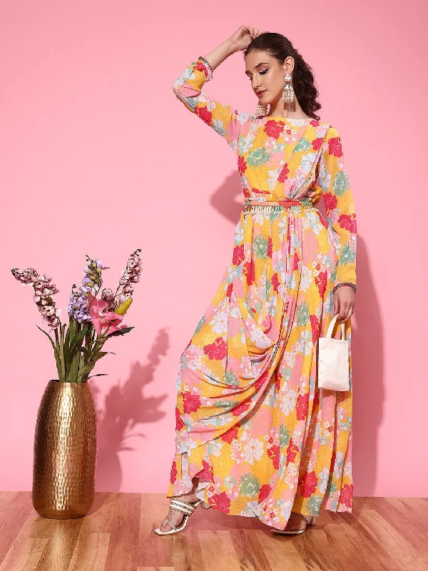 Inddus Women Floral Printed Belted Dress