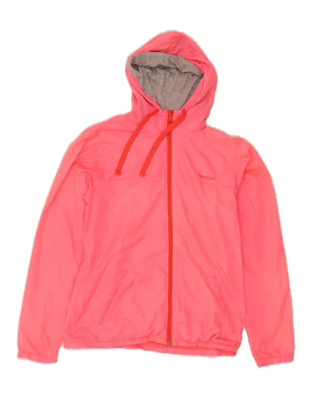 REEBOK Womens Hooded Rain Jacket UK 12/14 Medium Pink Nylon Striped Jacket Polka Dot Jacket Floral Jacket