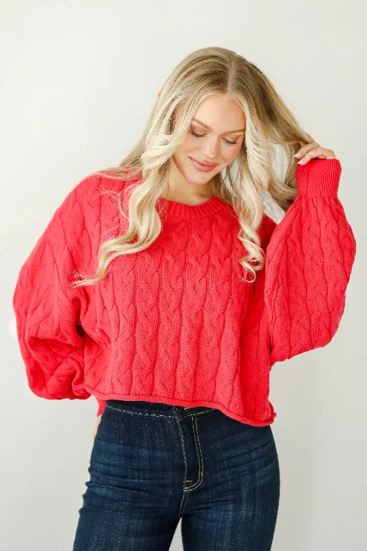 Love Me Forever Red Cable Knit Sweater Toggled Drawstring Belted