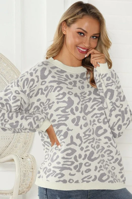 Leopard Print Sweater - Gray Beaded Sweater Sequined Faux Fur
