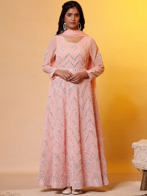 AURELIA Aurelia Embellished Mirror Work Georgette Maxi Ethnic Dress With Dupatta