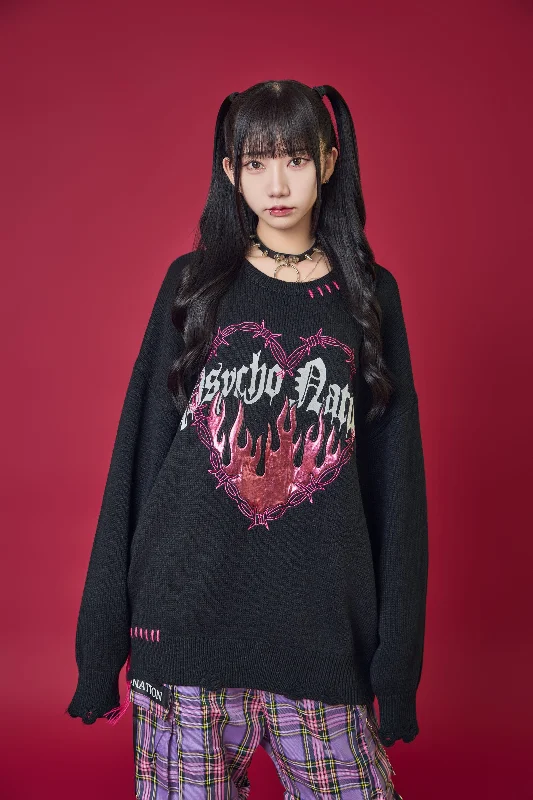 Psycho Nation fire heart knitted sweater Long Sweater Short Sweater Cropped Sweater